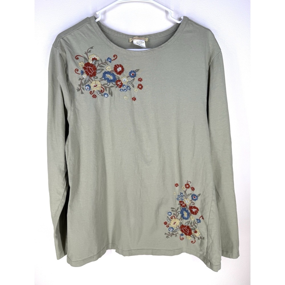 Sweet Magnolia Women's Large Embroidered Floral Top Sage Green Cotton Shirt